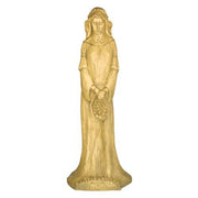 Saintly female figure in flowing medieval gown, ornate crown, and classical old world European style, holding a basket of flowers.