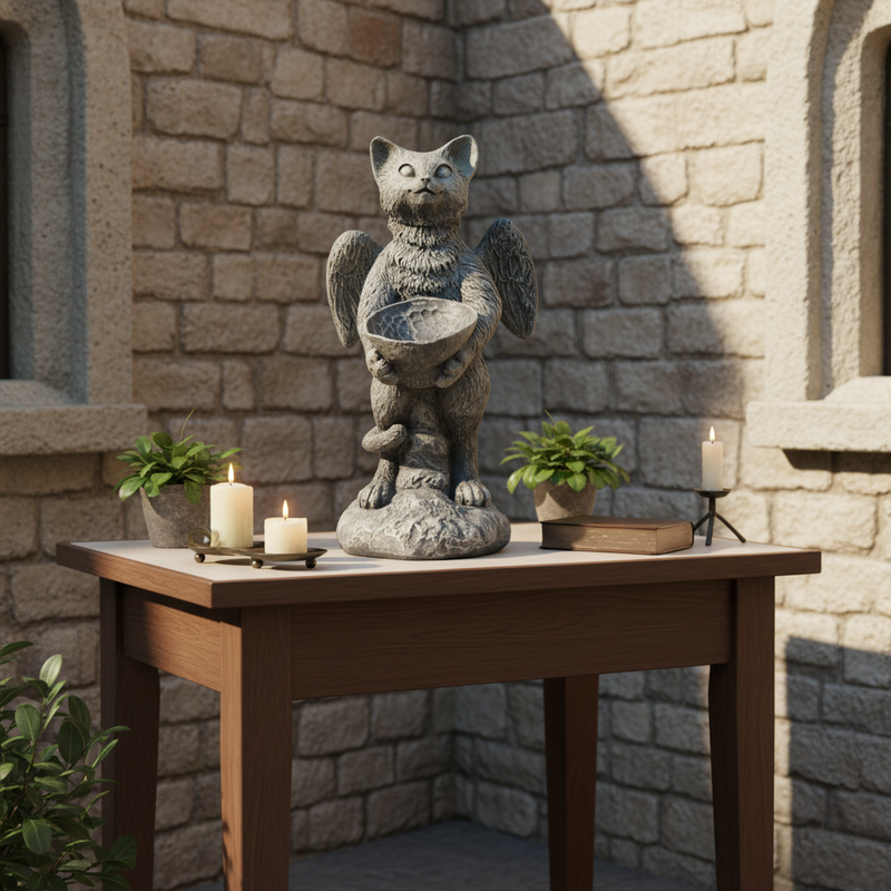 Whimsical cat angel statue holding a shallow bowl with small wings. Outdoor Statue (21-Inch)
