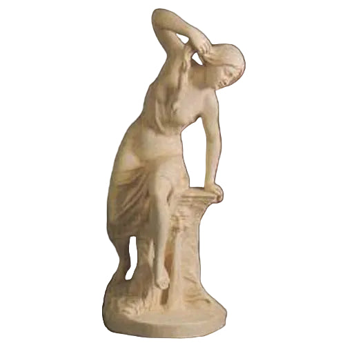 Classical Renaissance-style female statue in a graceful pose, leaning on a pedestal with draped, flowing garments and ornate detailing.