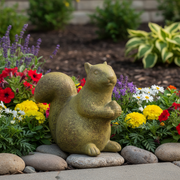 Squirrel figurine with an old world European style, featuring ornate, classical detailing and a whimsical, medieval-inspired form. Side Angle