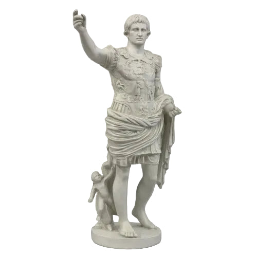 Classical Roman statue of a male figure in ornate armor, draped robe, and raised arm, featuring detailed Renaissance-style carvings.