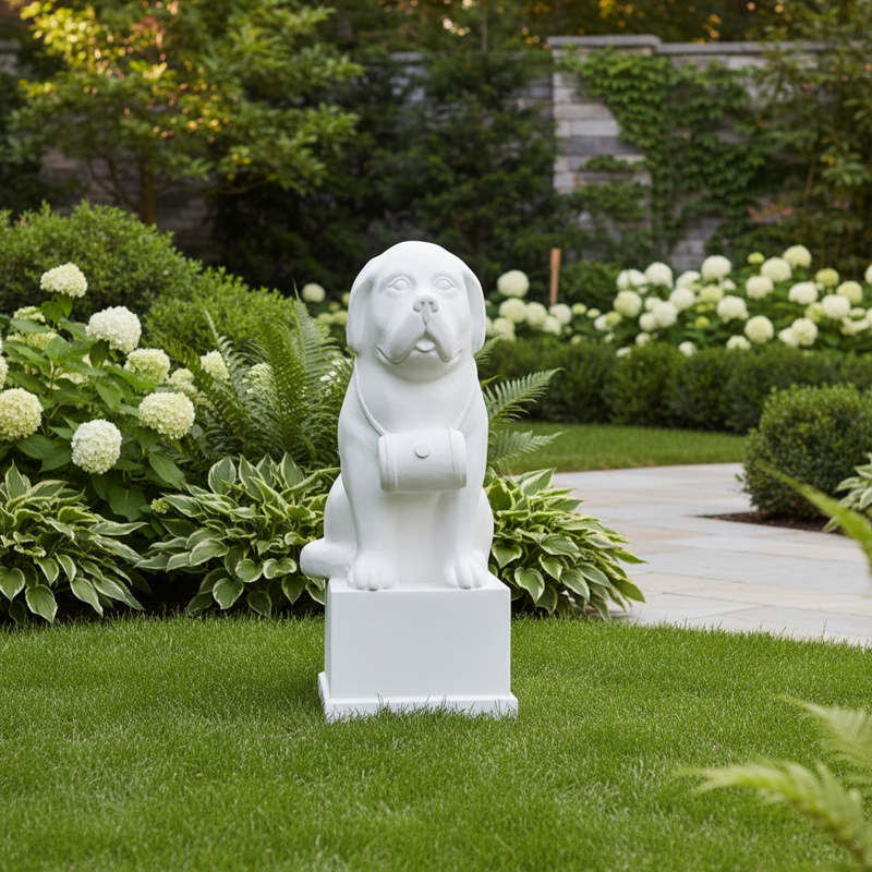 St. Bernard dog statue with barrel collar, seated on a pedestal in classical European style with subtle ornate detailing. Side Angle