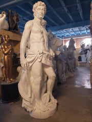 Classical Renaissance-style male statue with draped cloth, standing beside a dog, featuring detailed, lifelike sculptural elements. Different Angle