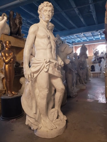 Classical Renaissance-style male statue with draped cloth, standing beside a dog, featuring detailed, lifelike sculptural elements. Different Angle