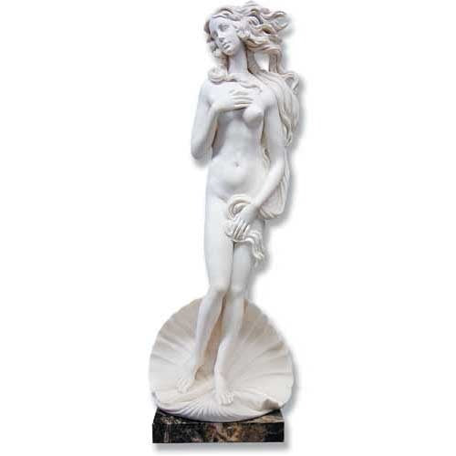 Classical Renaissance-style female statue with flowing hair, standing on a scallop shell in an elegant, old world European pose.