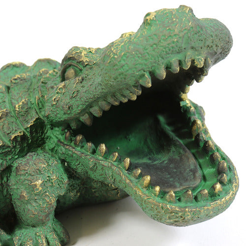 Alligator figurine with ornate, old world European detailing and textured Baroque-inspired scales, mouth open in dramatic pose. Different Angle