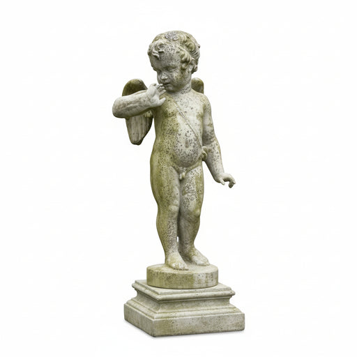 Cherub statue in classical Baroque style with ornate wings, standing on a tiered pedestal, evoking old world European charm.