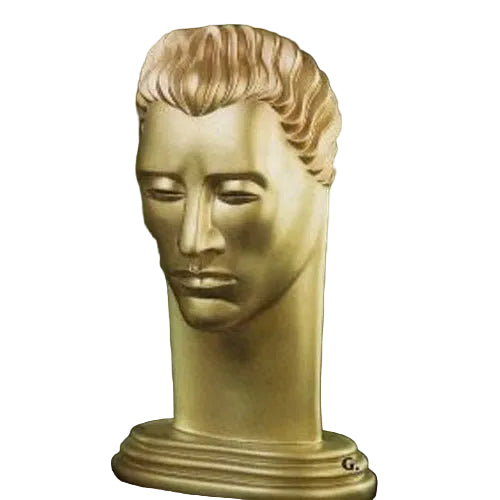Classical European-style sculpted male head with stylized features and wavy hair on an ornate pedestal base.