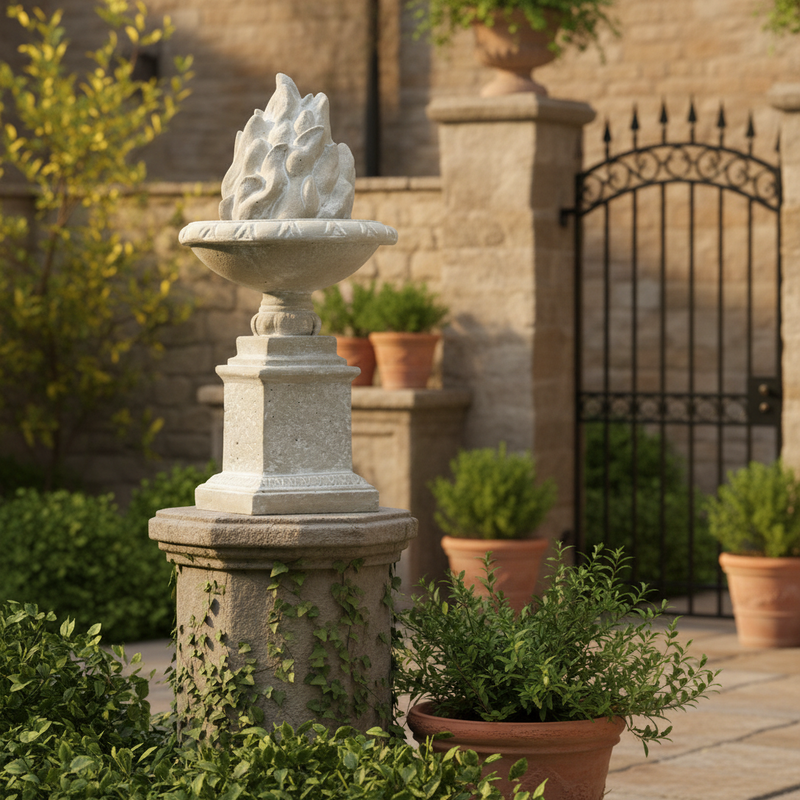 Ornate classical urn with sculpted flame motif on a square pedestal, featuring old world European and Renaissance design elements. Side Angle