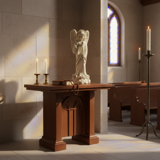 Angel statue with flowing robes and detailed wings, featuring classical old world European and Renaissance-inspired ornate design. Side Angle