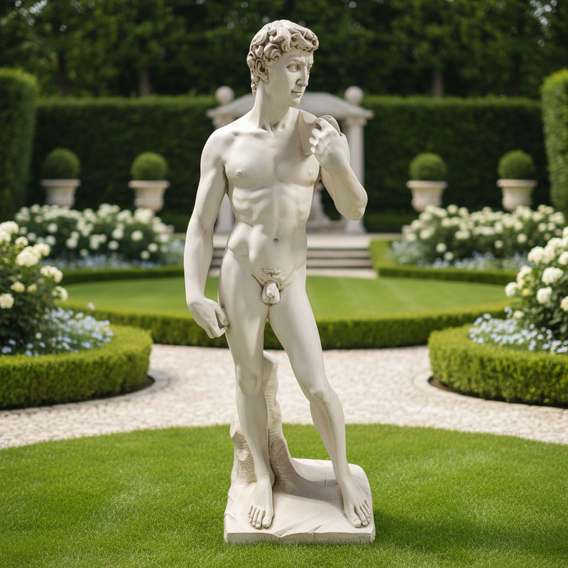 Classical Renaissance male statue with detailed anatomy, curly hair, and contrapposto stance on a rectangular base. Side Angle