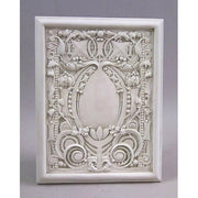 Ornate rectangular wall plaque with classical Baroque detailing, featuring intricate scrollwork and symmetrical floral motifs. Different Angle