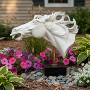 Horse head sculpture with flowing mane, classical Renaissance style, ornate detailing, mounted on a pedestal base. Side Angle