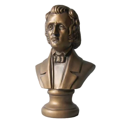 Classical European bust sculpture with ornate detailing, depicting a man in formal attire with wavy hair and a bow tie.
