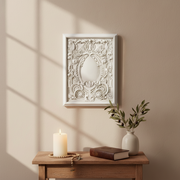 Ornate rectangular wall plaque with classical Baroque detailing, featuring intricate scrollwork and symmetrical floral motifs. Side View