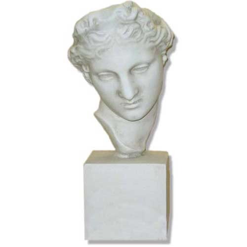 Classical Greek-style sculpted head with delicate features and wavy hair, displayed on a simple square pedestal.