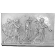 Classical Greek-style relief depicting five musicians in ornate ancient attire playing instruments in a ceremonial procession.