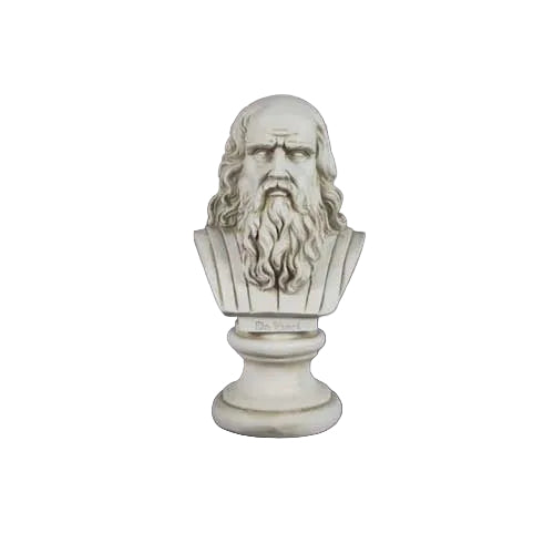 Classical Renaissance-style bust of a bearded man with detailed facial features and flowing hair on a pedestal base