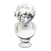Classical Greco-Roman style bust with ornate floral crown and serene facial expression, inspired by Renaissance sculpture.