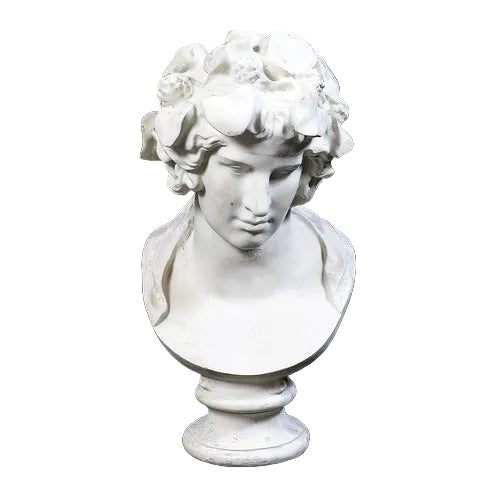 Classical Greco-Roman style bust with ornate floral crown and serene facial expression, inspired by Renaissance sculpture.