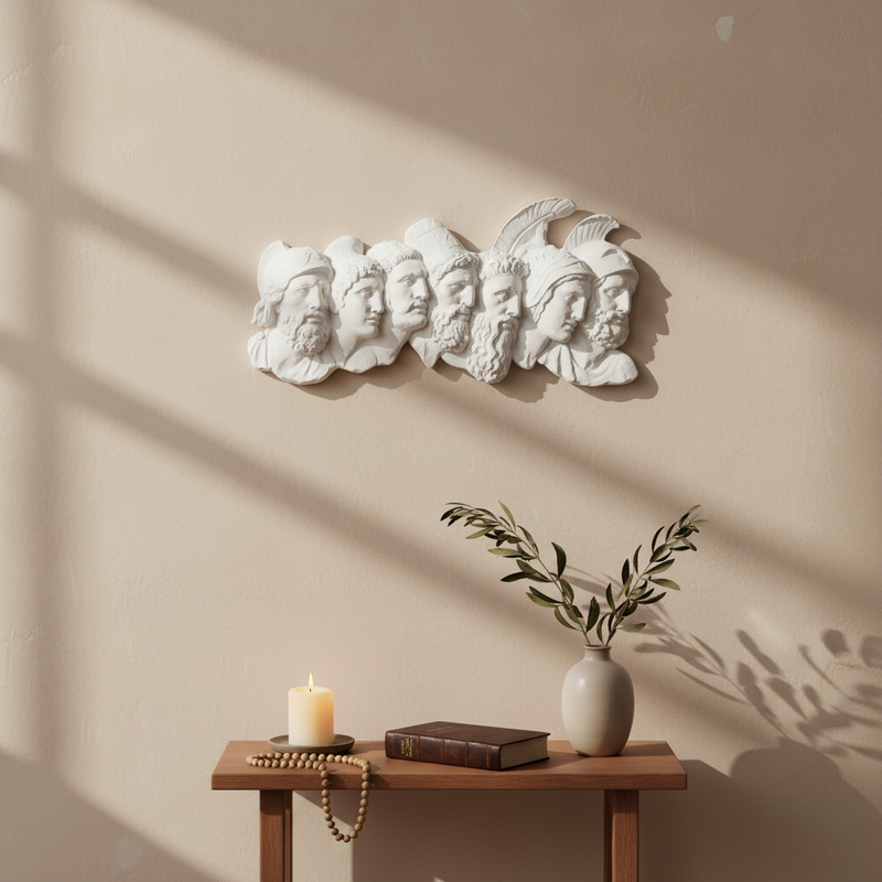 Greek classical relief sculpture featuring seven ornate male profiles with detailed helmets and beards in an old world European style. Side Angle