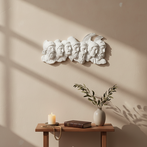 Greek classical relief sculpture featuring seven ornate male profiles with detailed helmets and beards in an old world European style. Side Angle