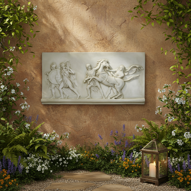 Classical Greek bas-relief panel depicting figures in flowing robes and armor leading horses in an ornate, ancient scene. Side Angle