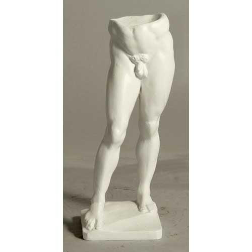 Classical Greek-style male torso sculpture with detailed musculature and draped fig leaf on a rectangular base.