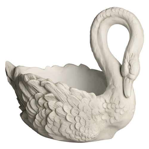 Swan-shaped planter with ornate feather detailing, classical European style, featuring elegant curves and sculpted accents.