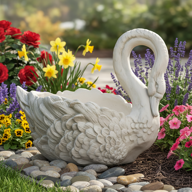 Swan-shaped planter with ornate feather detailing, classical European style, featuring elegant curves and sculpted accents. Side Angle