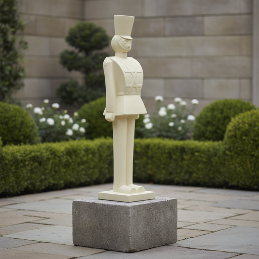 Toy soldier statue with classical old world European style, featuring ornate uniform details and a tall, cylindrical hat. Side Angle