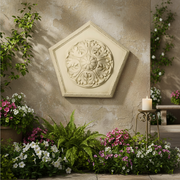 Pentagonal ornate ceiling medallion with classical Baroque floral relief and intricate old world European detailing. Side Angle