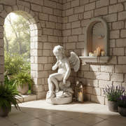 Cherub statue in classical Renaissance style, seated with one finger to lips, detailed wings and ornate base with draped fabric. Side Angle