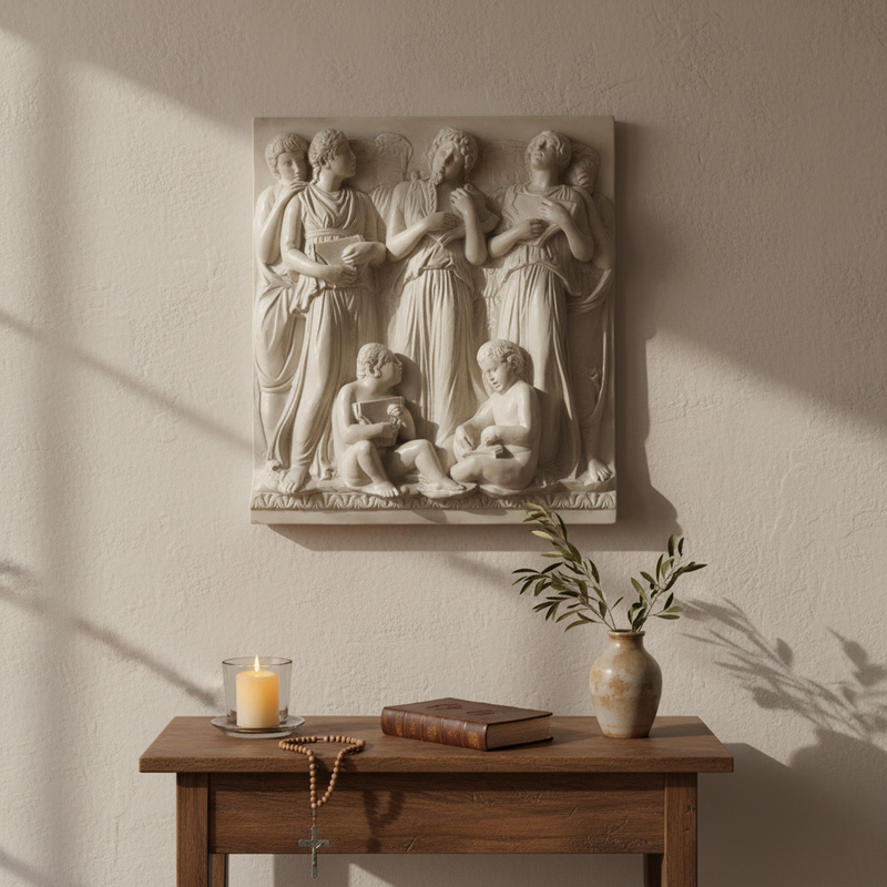 Classical relief sculpture featuring robed figures in flowing garments with ornate, old world European and Renaissance detailing. Side View
