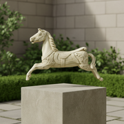 Baroque-style ornate carousel horse with classical detailing and flowing mane in a leaping pose. Side Angle
