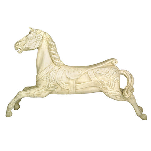 Baroque-style ornate carousel horse with classical detailing and flowing mane in a leaping pose.