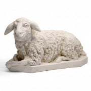 Resting lamb sculpture with curled fleece, classical old world European style, featuring gentle expression and ornate detailing.