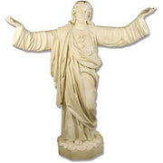 Jesus statue with outstretched arms in classical old world European style, featuring ornate drapery and detailed facial features.