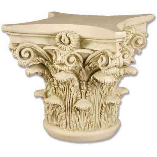Corinthian column capital with ornate acanthus leaves and classical scrollwork in old world European architectural style.