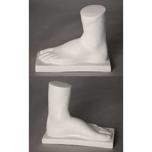 Classical Greek-style sculpted foot fragment with detailed toes and ankle, displayed on a rectangular base.