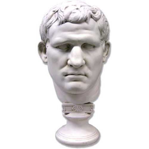 Classical Greco-Roman style male bust with strong features and short wavy hair on an ornate pedestal base.