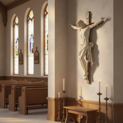Crucifix statue featuring Jesus with outstretched arms, detailed drapery, and classical Renaissance-inspired sculptural style. Side Angle