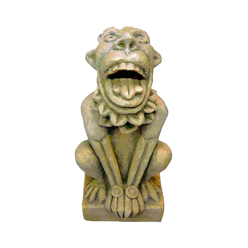 Grotesque gargoyle statue with exaggerated features, open mouth, and crouching pose in medieval Gothic style.
