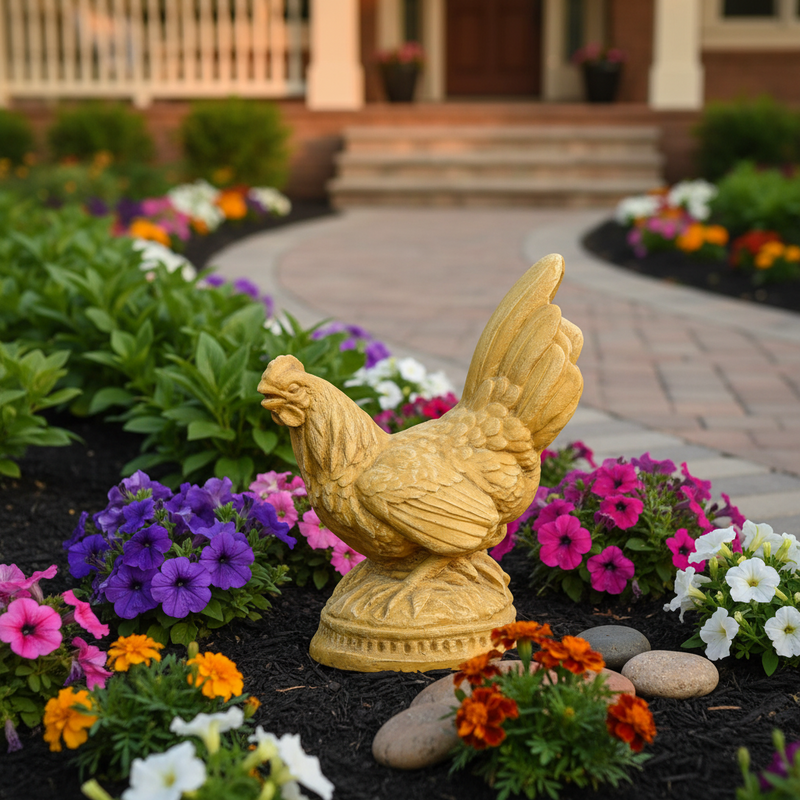 Baroque-style ornate rooster figurine with detailed feathers and classical European sculptural base. Side Angle