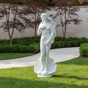 Venus standing on a scallop shell in a classical Renaissance style, with flowing hair and ornate, old world European detailing. Side Angle