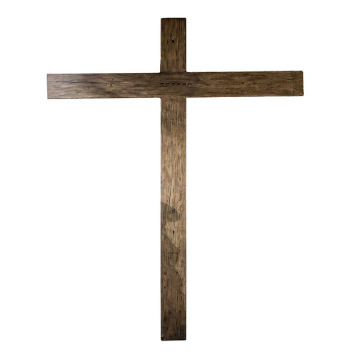 Wooden cross with simple, rustic design, featuring straight lines and old world European, medieval-inspired craftsmanship.
