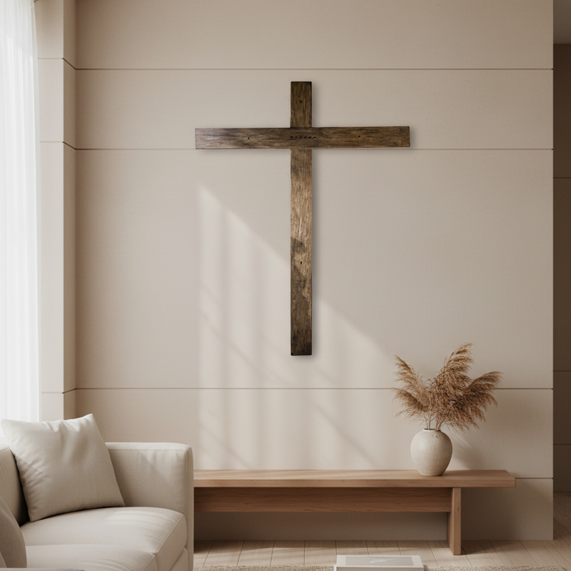 Wooden cross with simple, rustic design, featuring straight lines and old world European, medieval-inspired craftsmanship. Side Angle