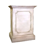 Classical pedestal with ornate panel detailing and molded edges, inspired by old world European and Renaissance architectural styles.