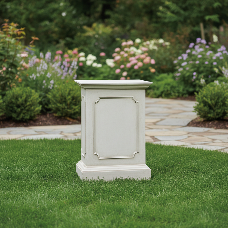 Classical pedestal with ornate panel detailing and molded edges, inspired by old world European and Renaissance architectural styles. Side Angle