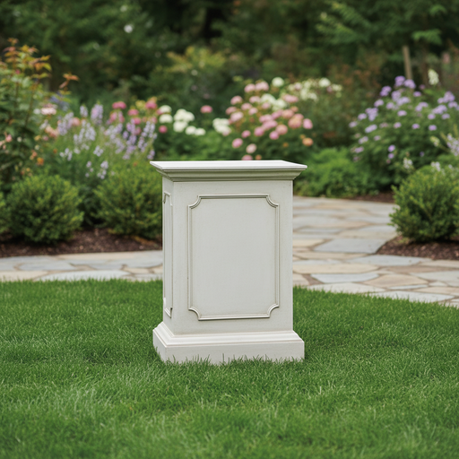 Classical pedestal with ornate panel detailing and molded edges, inspired by old world European and Renaissance architectural styles. Side Angle